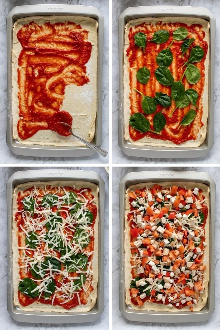 a collage of the sauce and toppings being added to puff pastry pizza